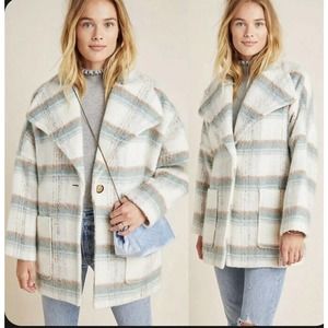 New ANTHROPOLOGIE Elsa •XS P Petite•Cream Blue Plaid Fuzzy Oversized Coat Jacket